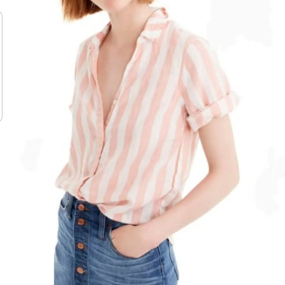 J. Crew Pink and White Striped Short-Sleeve Button Front Blouse